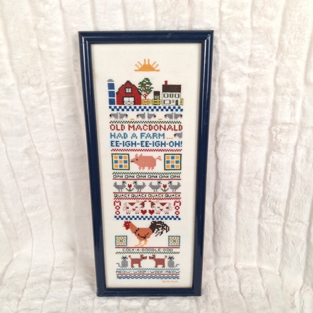 Vintage Old MacDonald Had a Farm Framed Cross Stitch Sampler Folk Art Wall READ